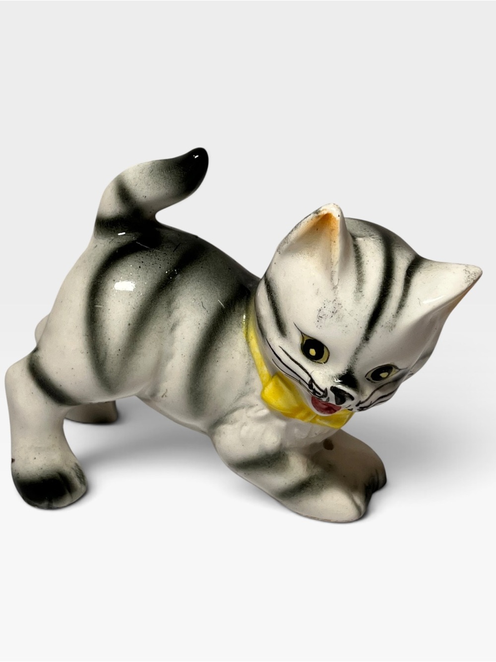 Vintage Gray Striped Cat Toy with Yellow Collar
Made in Japan